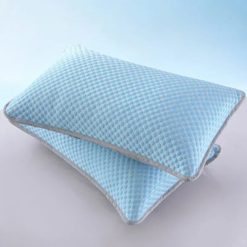 Blue and white patterned rectangular cooling pillowcase with grey trim