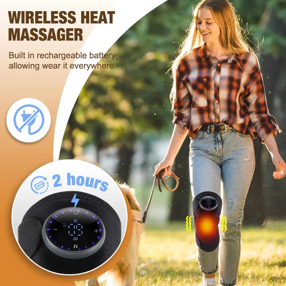 Person walking a dog while wearing a wireless electric heating knee massager