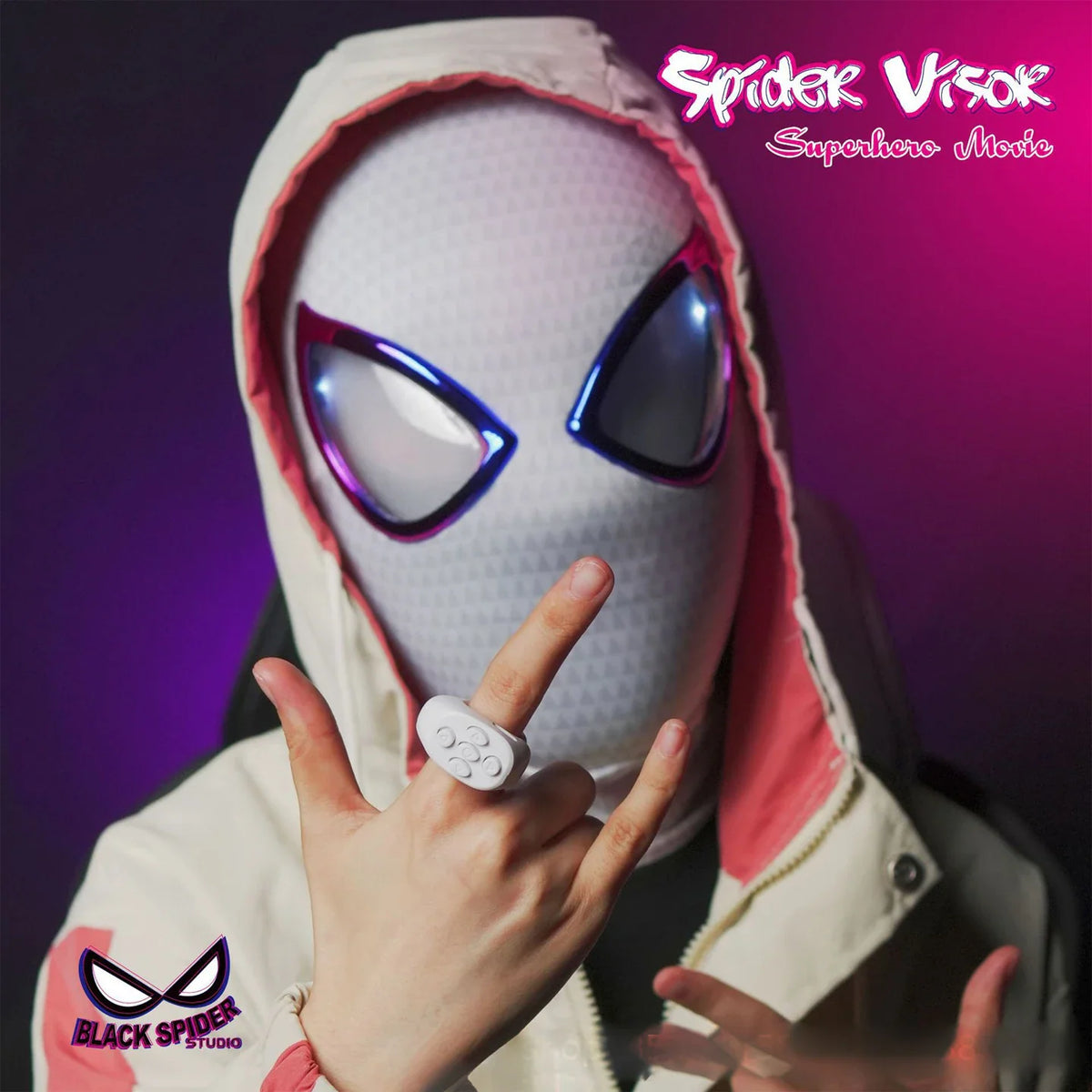 Close-up of a person wearing a white superhero mask with glowing eyes and hand gesture.