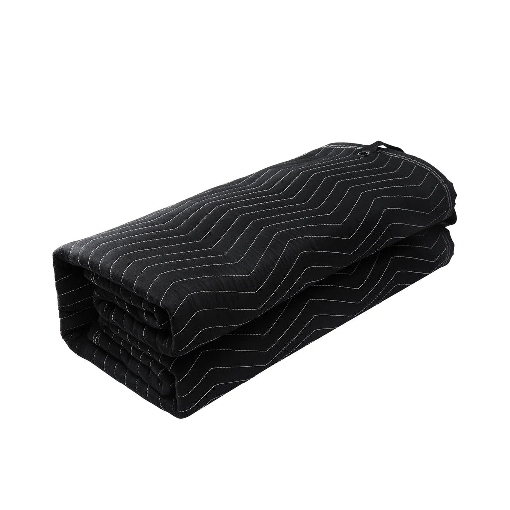 A black quilted acoustic sound-dampening blanket with white stitching