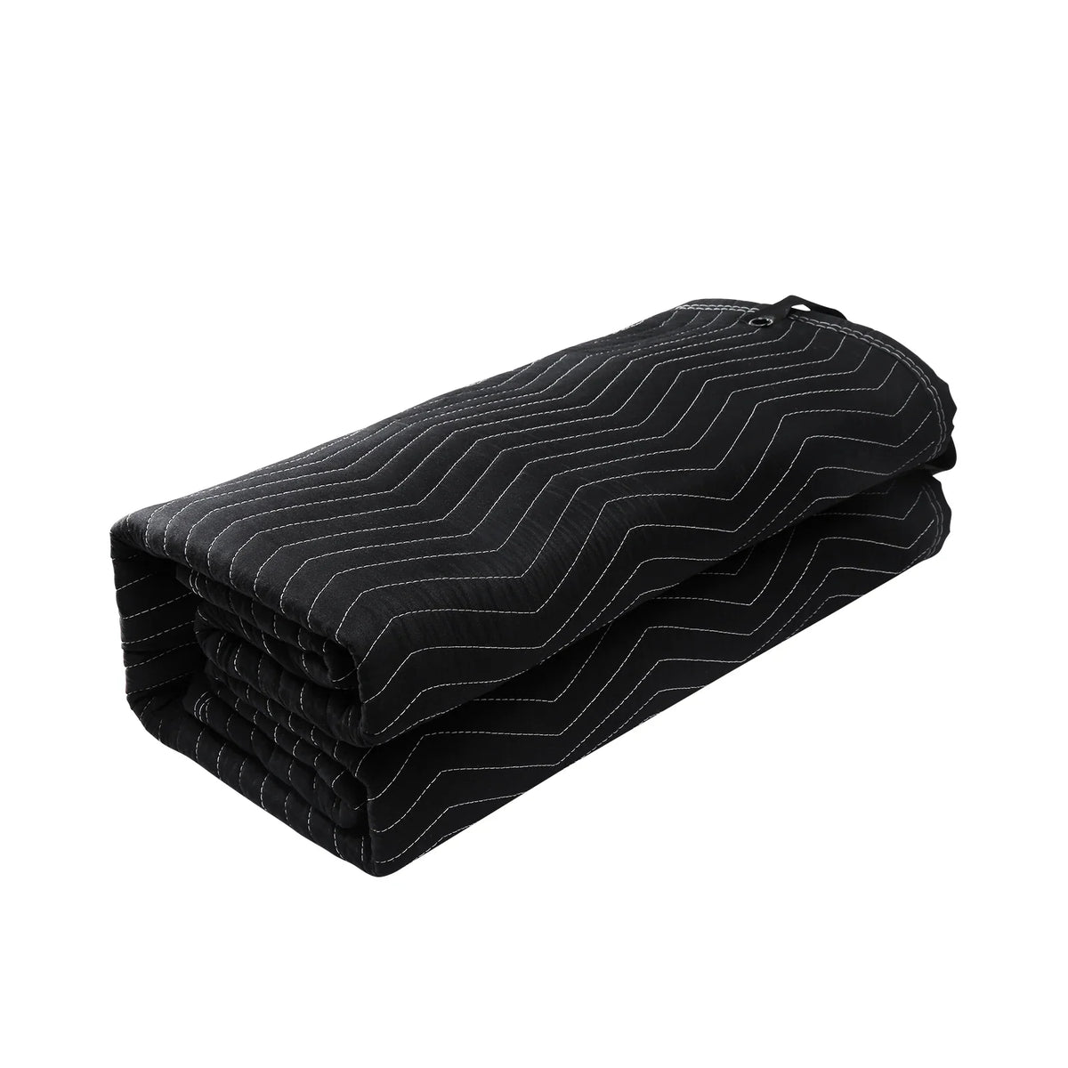 A black quilted acoustic sound-dampening blanket with white stitching