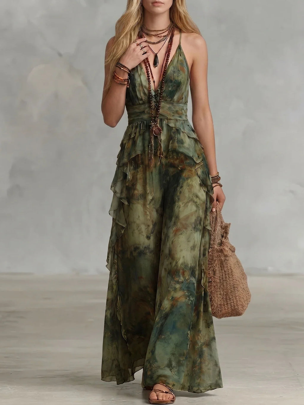 Front view of a woman wearing a green and brown tie-dye spaghetti strap ruffled maxi dress with a deep v-neck