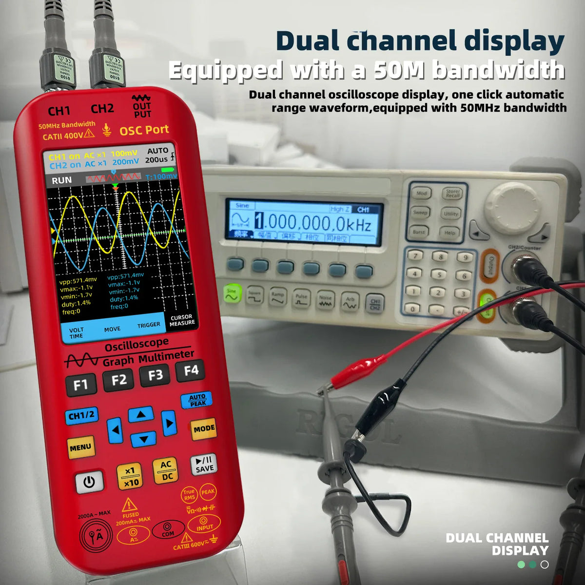 Handheld red digital oscilloscope and multimeter connected to lab equipment