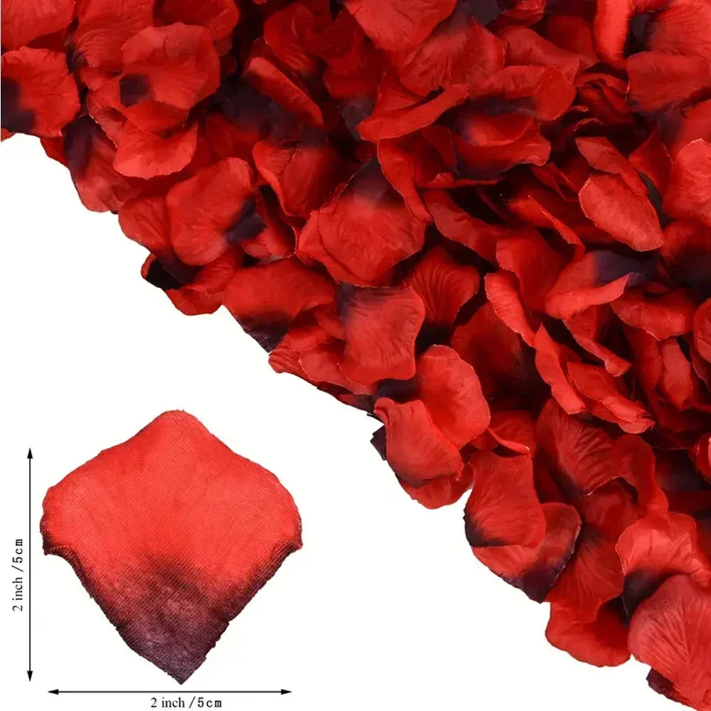 A close-up shot of red artificial rose petals with a dimension graphic showing them as 2 inches or 5 centimeters.