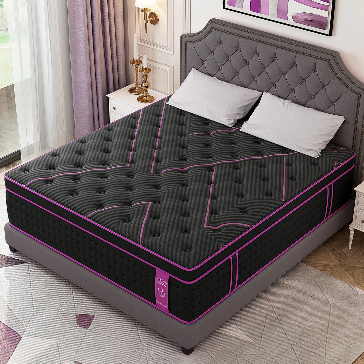 An angled view of a thick hybrid mattress with a black and purple cover on a bed frame.
