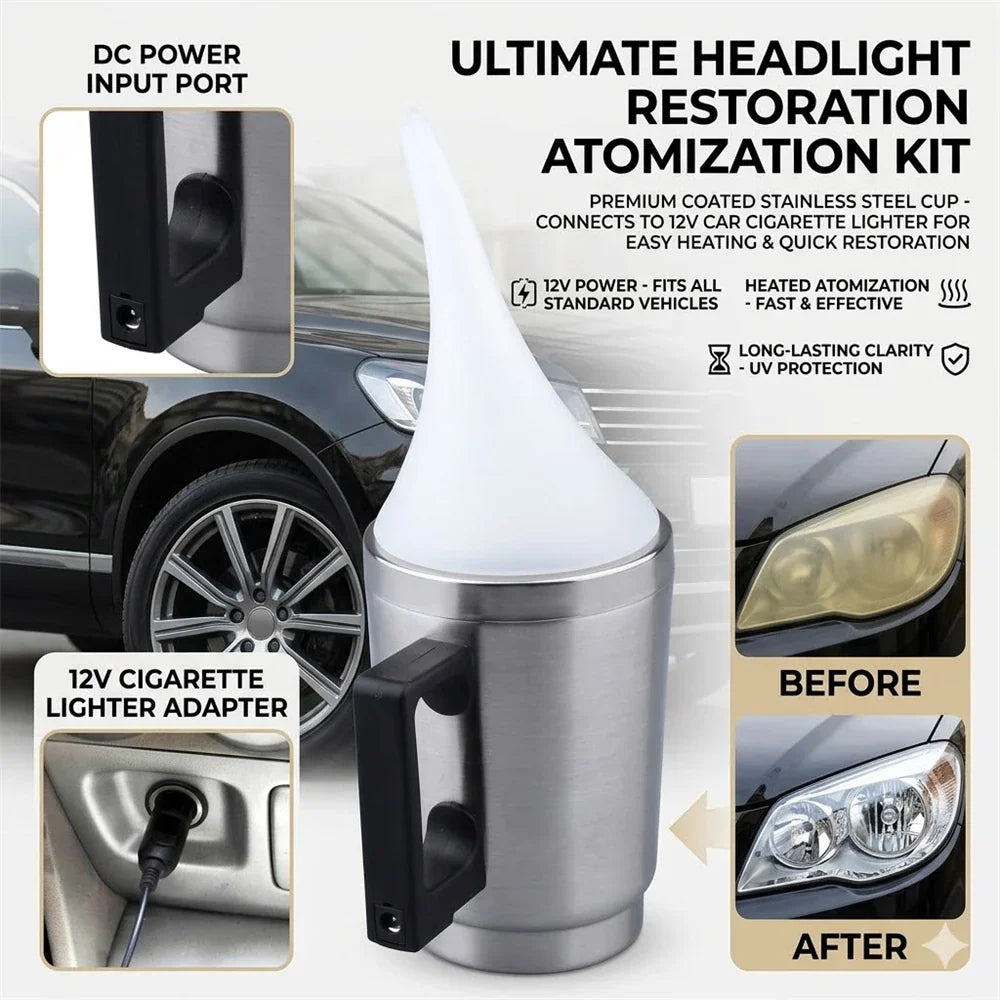 Car headlight restoration atomizer cup kit with before and after comparison.