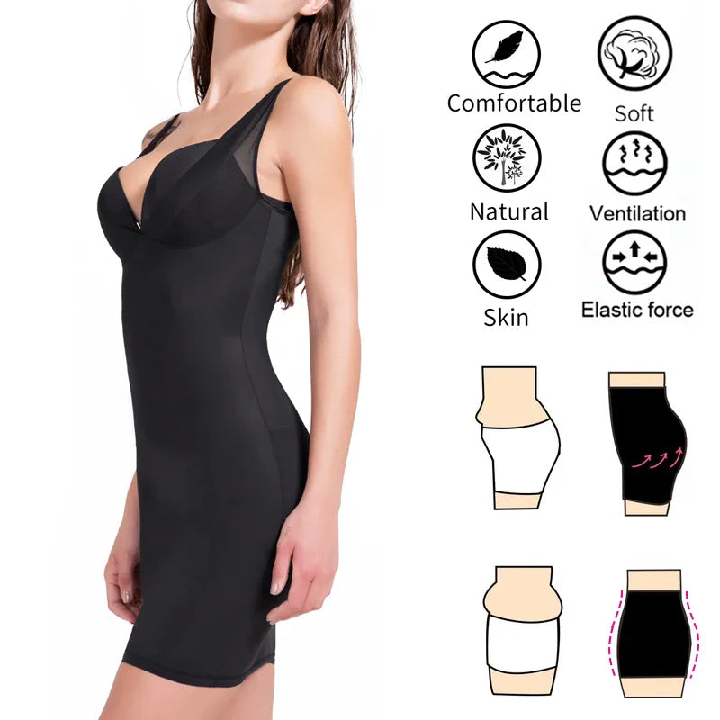 Black full body slip shapewear with feature icons