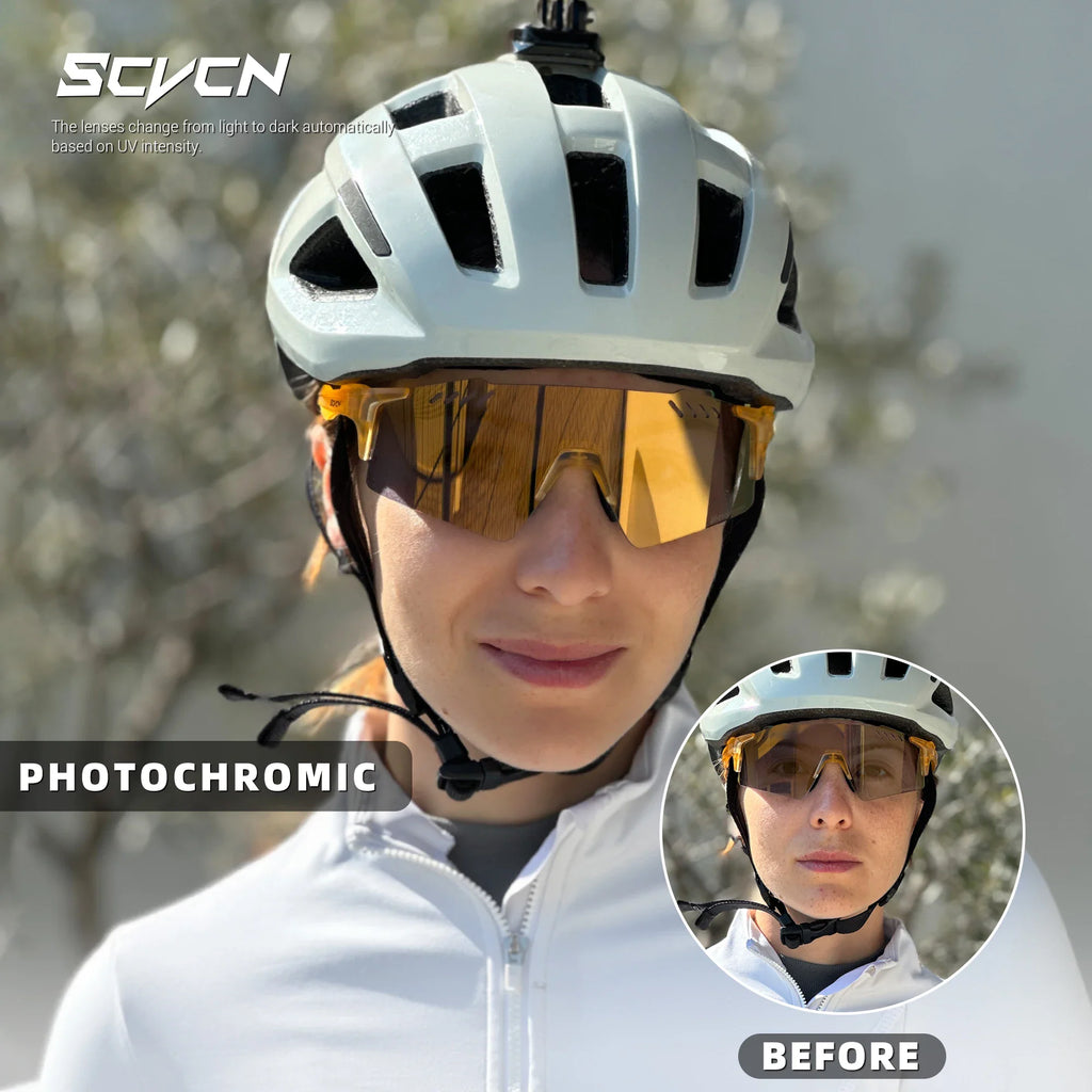 Cyclist wearing photochromic sports sunglasses, showing a before and after lens tint comparison