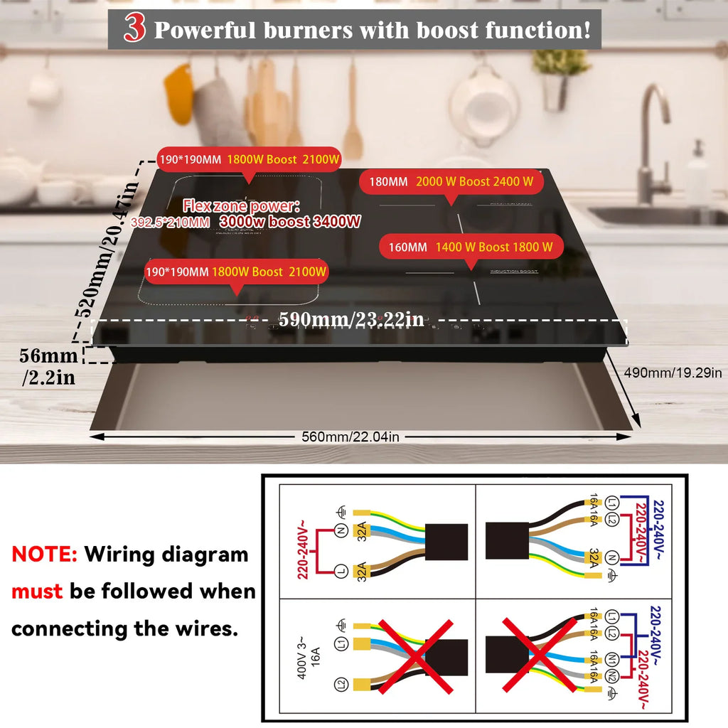 Technical diagram of an induction cooktop with dimensions and wiring instructions.