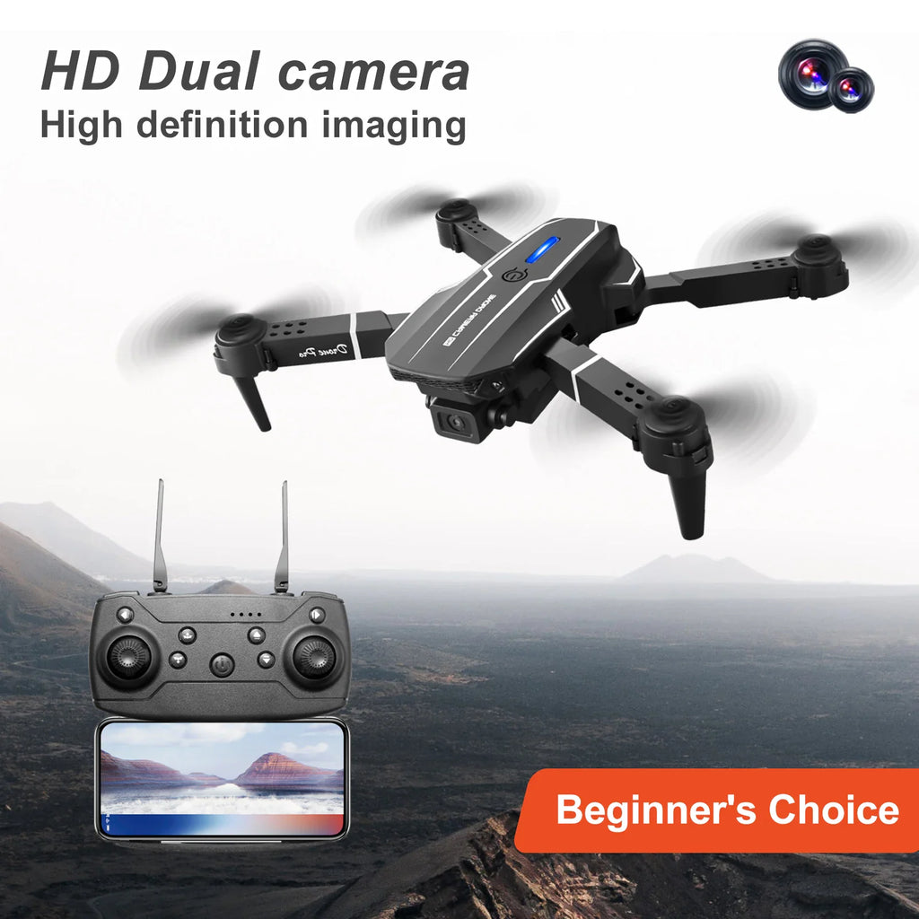 Black foldable camera drone with remote controller and phone display over a rocky mountain landscape.
