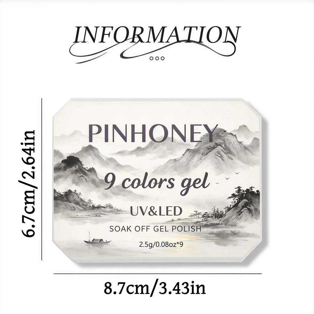 A size chart illustration for a nine-color solid gel nail polish palette.