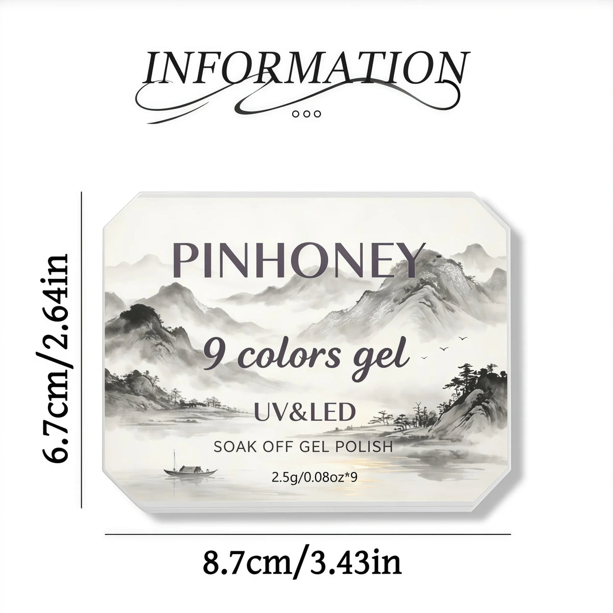 A size chart illustration for a nine-color solid gel nail polish palette.