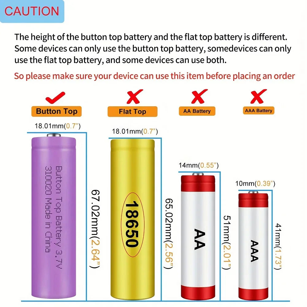Comparison chart showing the size difference between button top and flat top batteries.