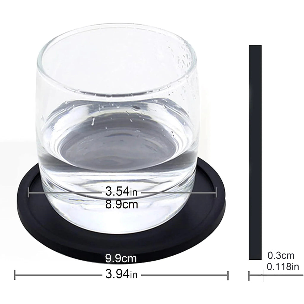 Round black silicone drink coaster with measurements and glass