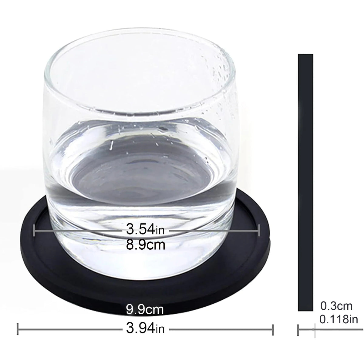 Round black silicone drink coaster with measurements and glass