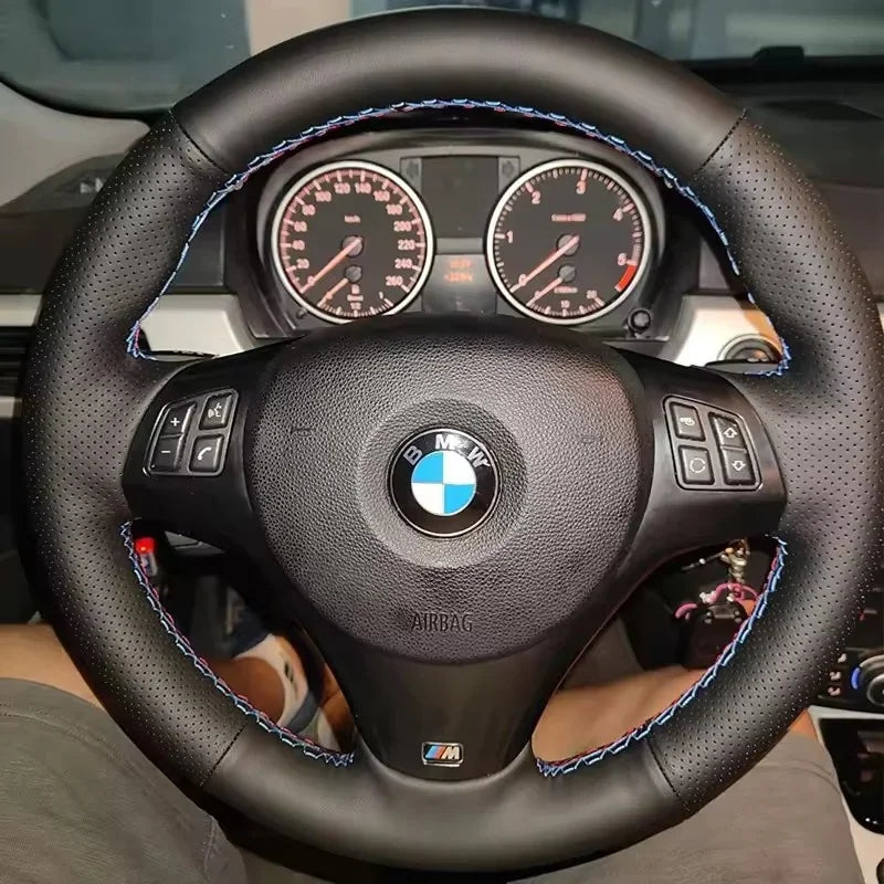 Black microfiber leather steering wheel cover with colored thread options for BMW M Sport