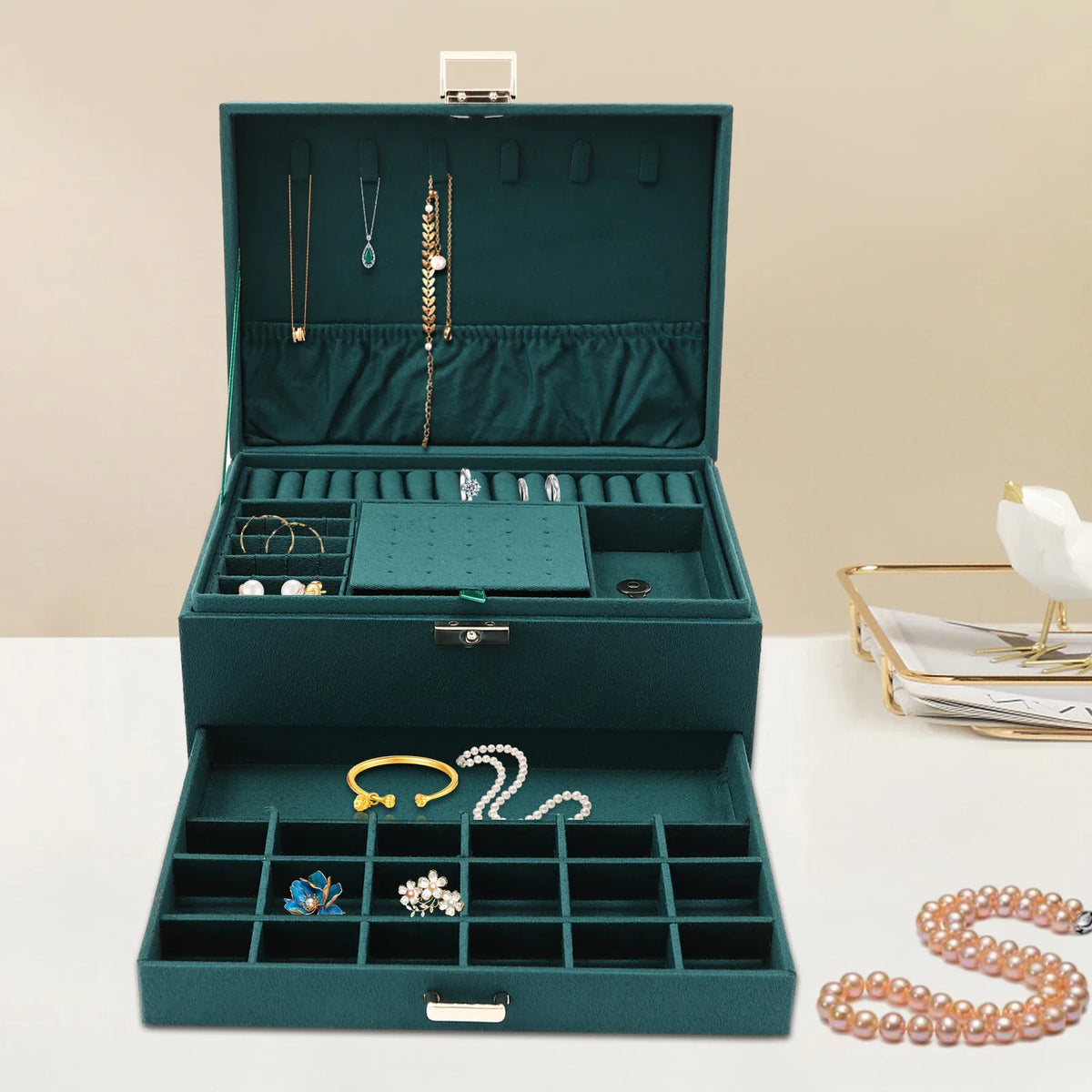 3-tier dark green suede jewelry box with metal handle and drawer storage