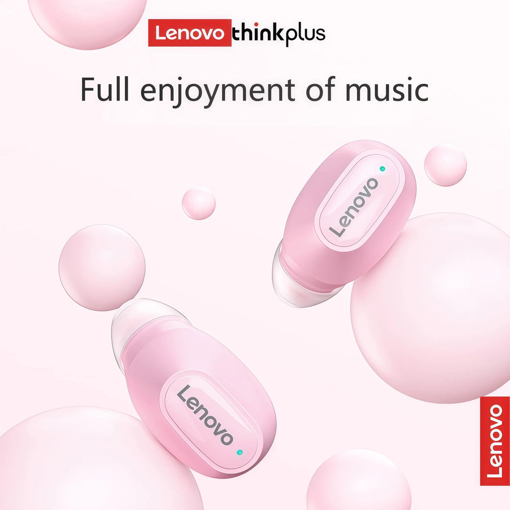 Pink wireless earbuds floating in a soft background with bubbles