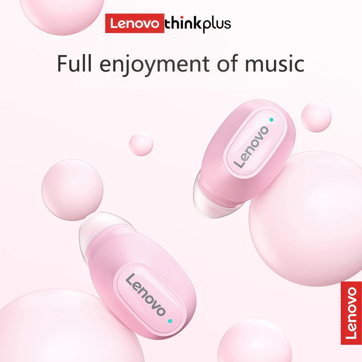 Pink wireless earbuds floating in a soft background with bubbles