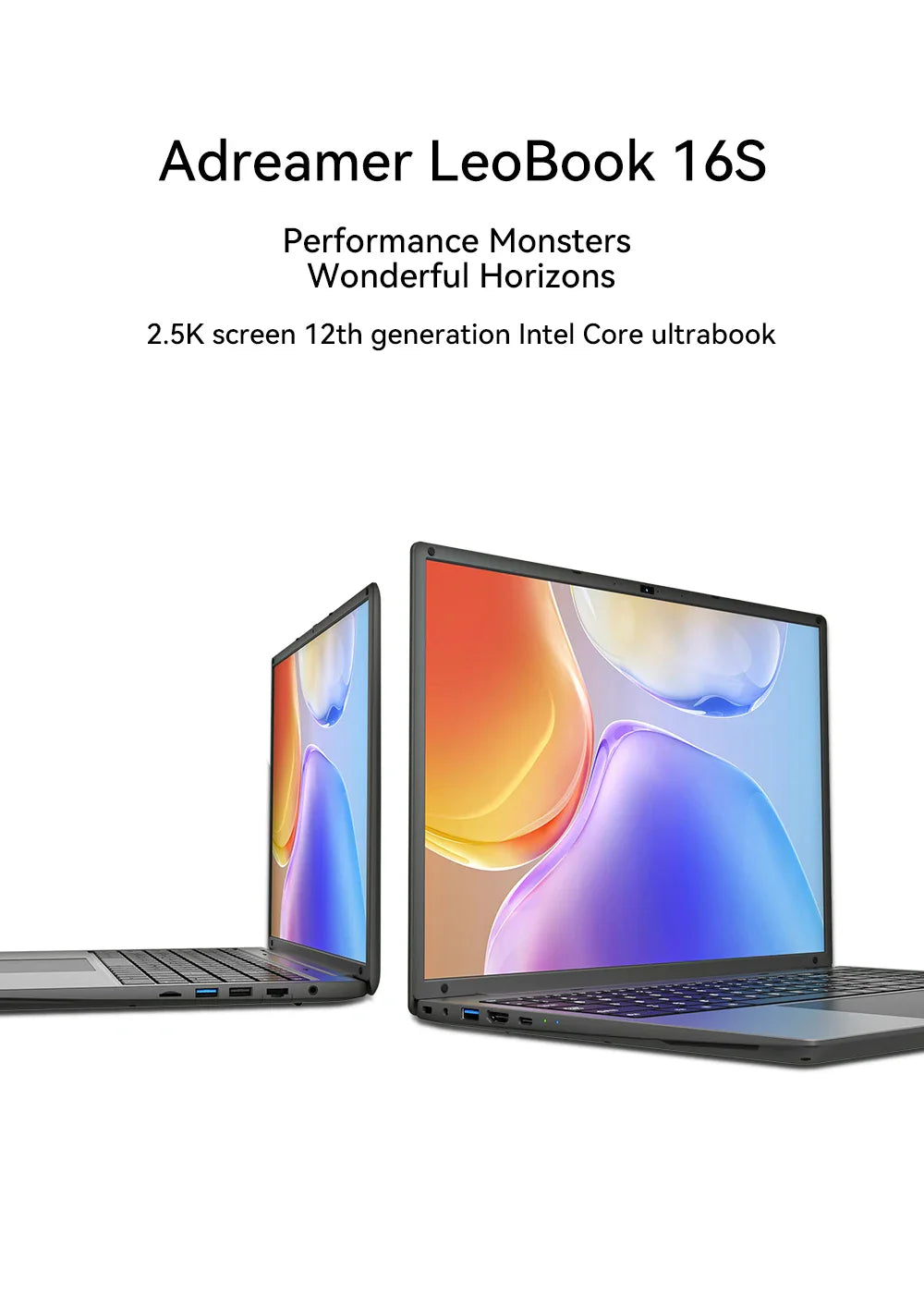 Two views of a sleek grey laptop showing the screen and side profile.