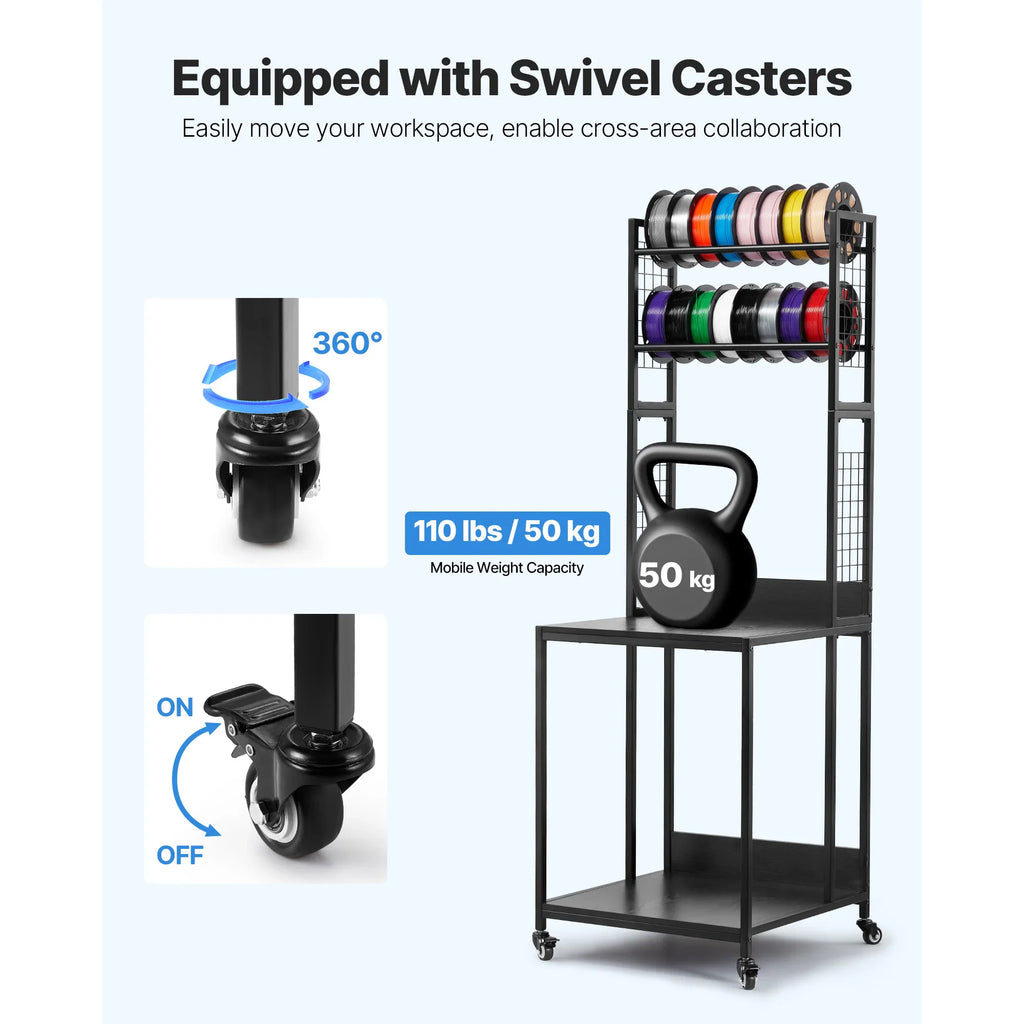 A 3D printer and filament storage cart showcasing the swivel caster wheels and weight capacity with text overlay.