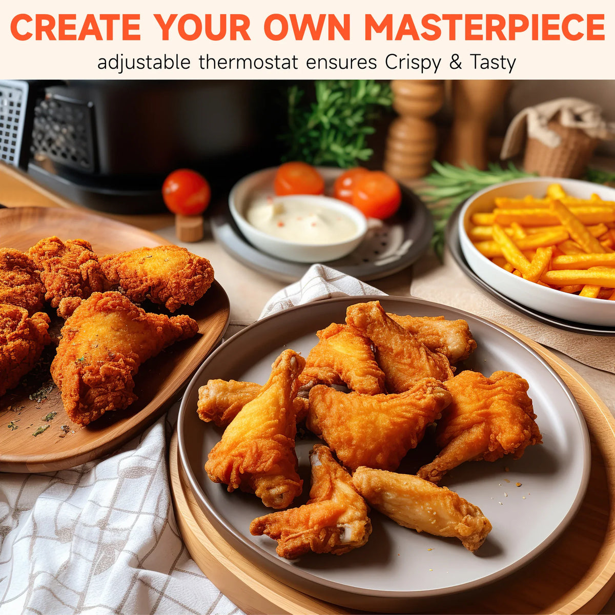 Plates of fried chicken wings and fries next to a deep fryer.