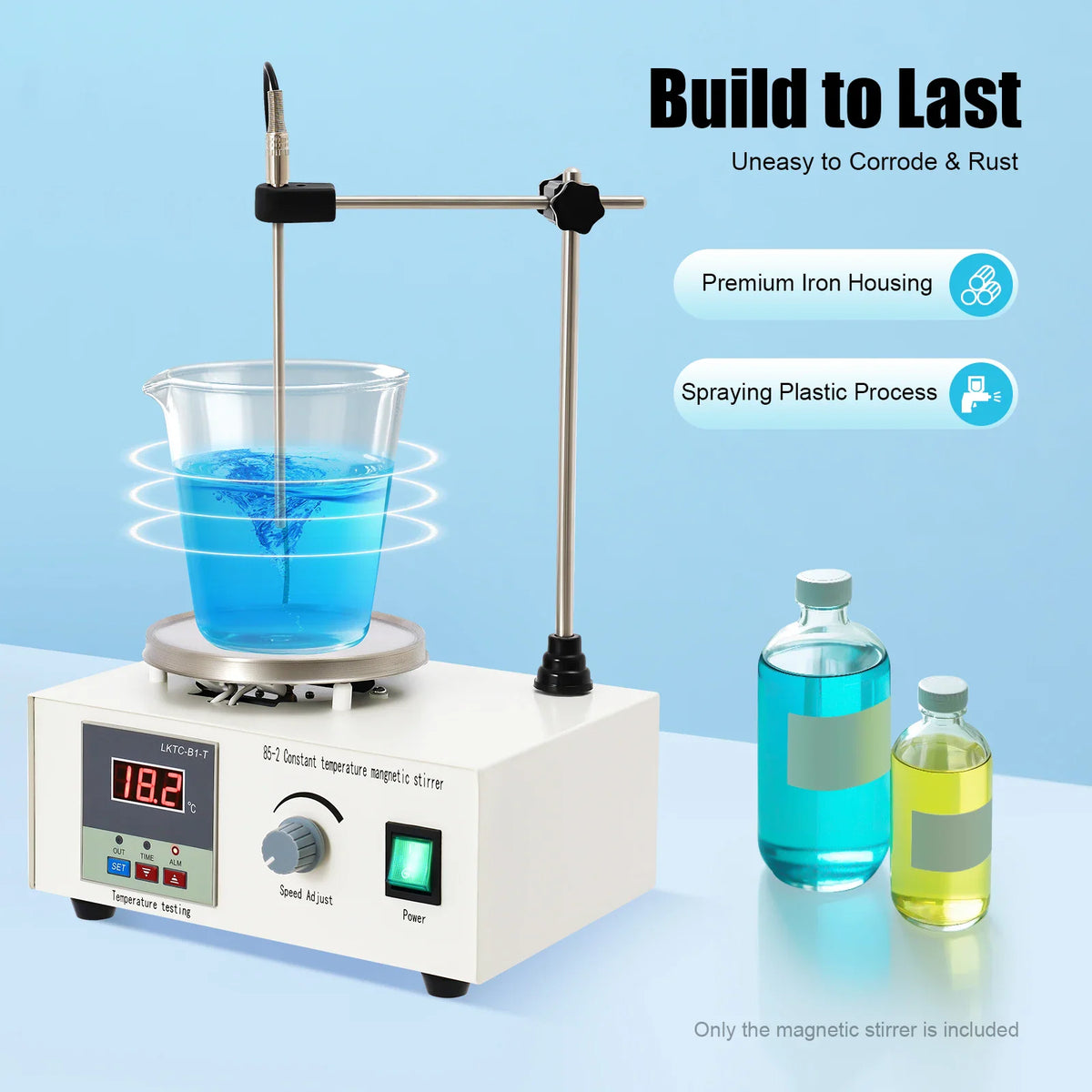 A laboratory magnetic stirrer with heating plate, probe, and bottles of liquid
