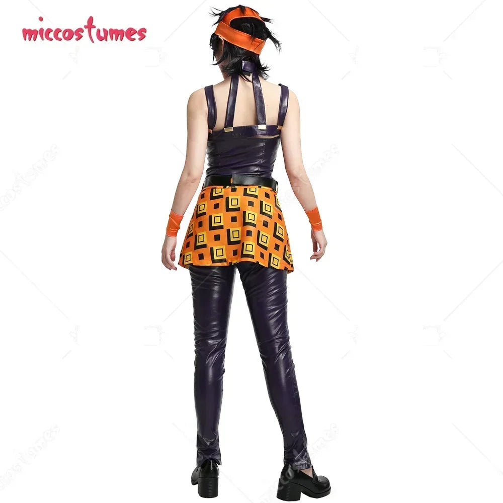 Back view of a person wearing a cosplay outfit with a purple top and geometric orange skirt