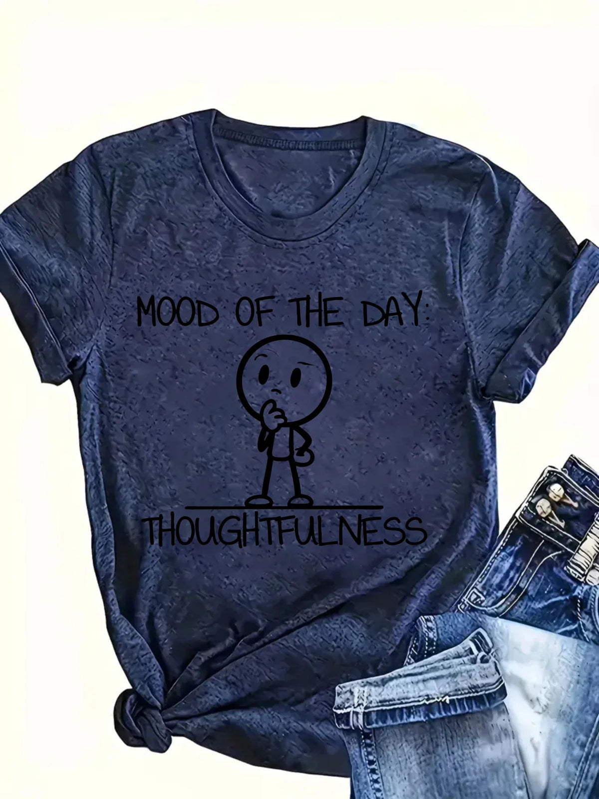 Dark blue short-sleeve T-shirt with stick figure graphic print and denim shorts