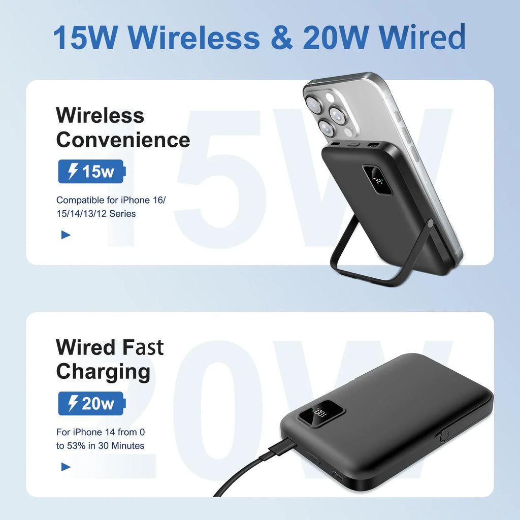 Black portable magnetic wireless power bank with charging specifications and fast charging details