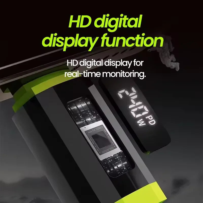 Close-up of a charging cable connector showing the integrated digital power display chip.