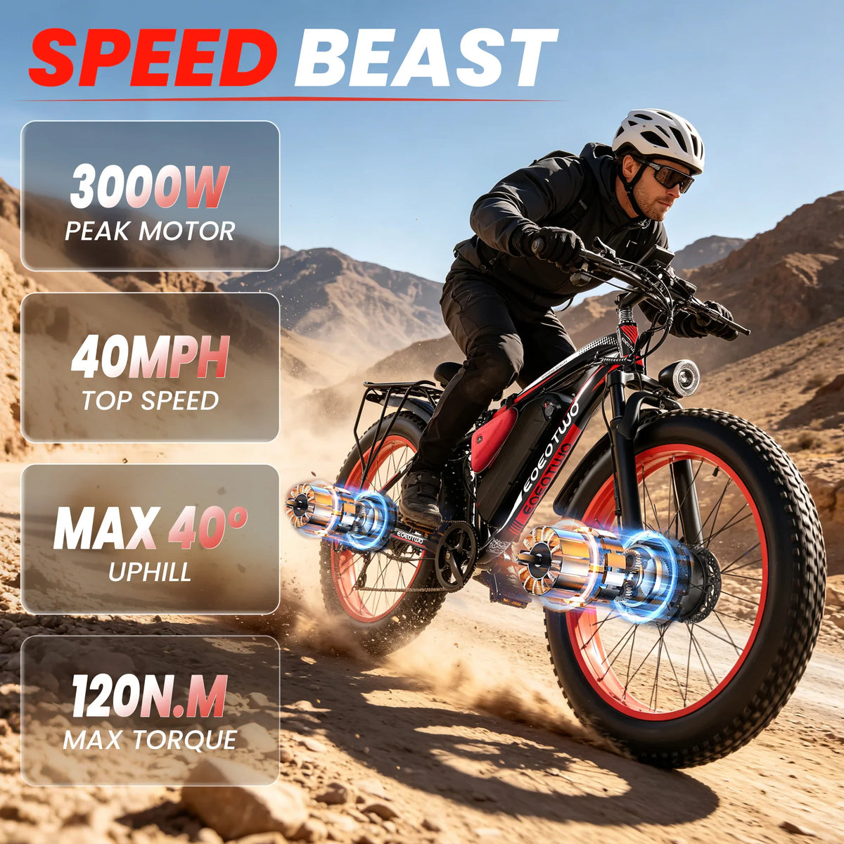 A man riding an electric mountain bike on a dirt trail with performance specification text overlays.