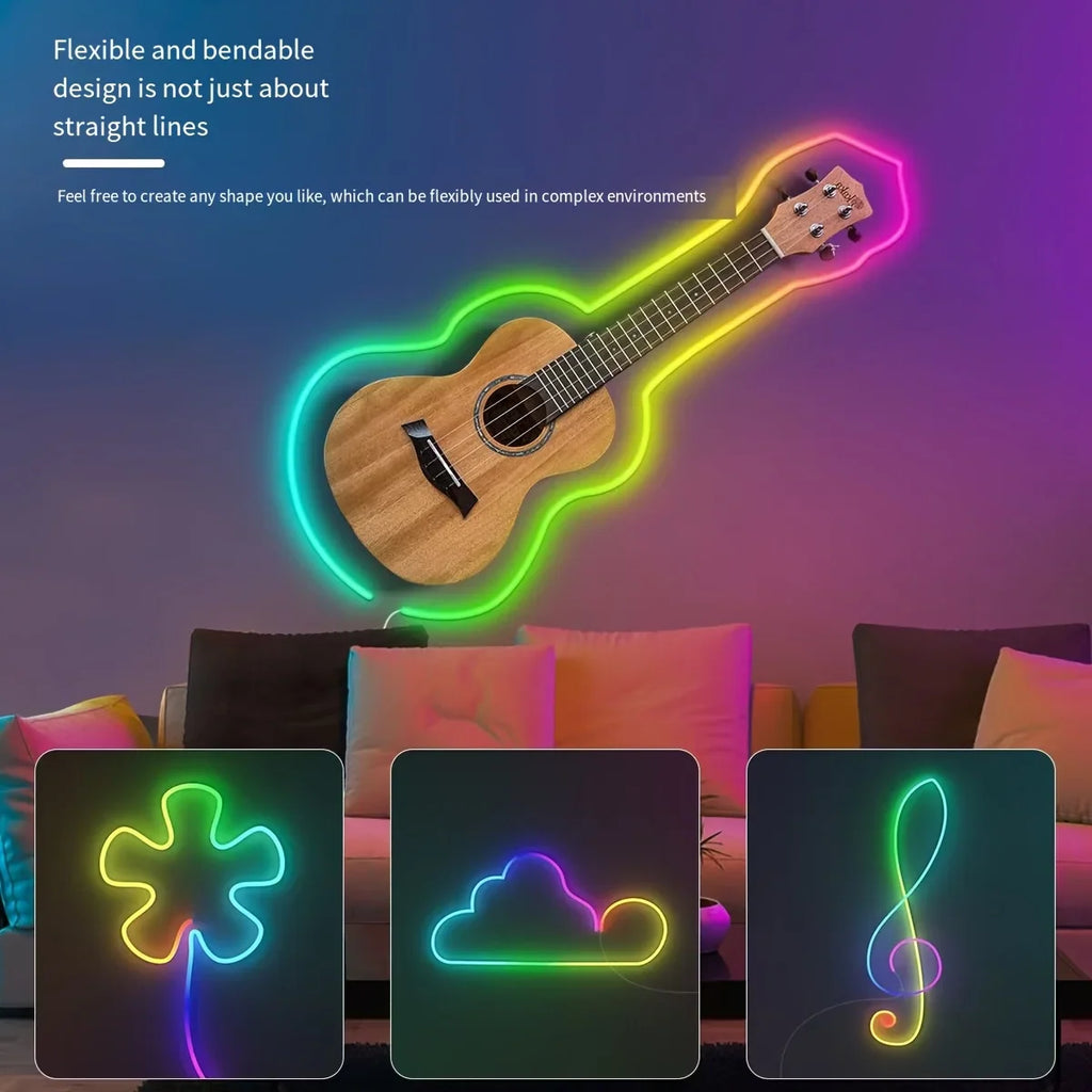 Flexible LED neon strip light shaped into a guitar, cloud, and flower on a room wall