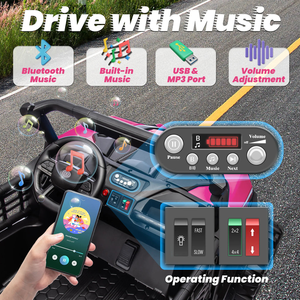 Pink 2-seater UTV toy car interior music and speed control panel
