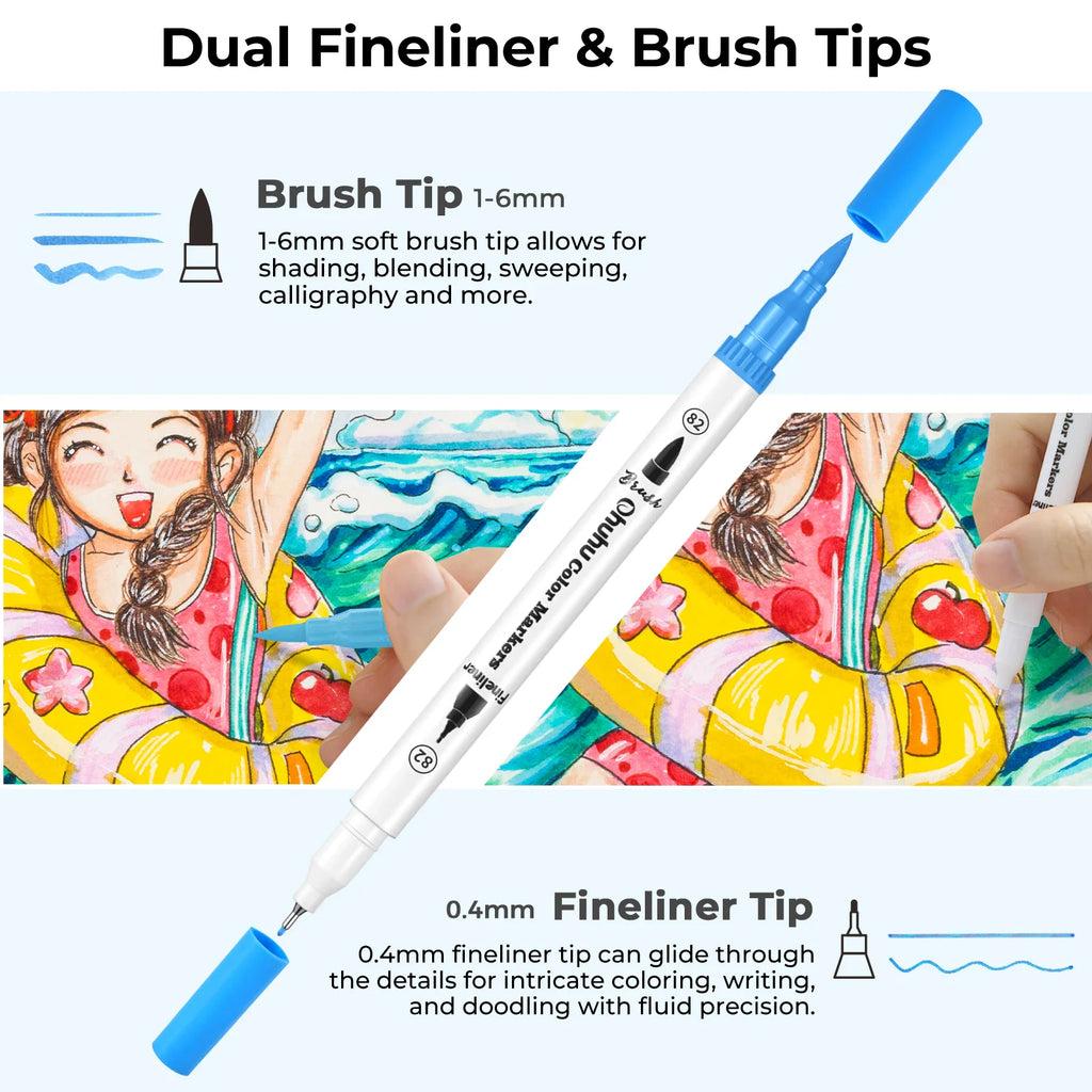 Diagram of a dual-tip marker illustrating the brush tip and the fine tip with labeled functionality.