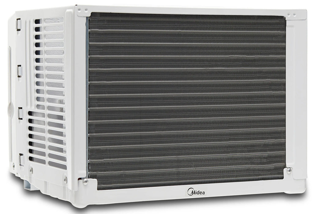 White window air conditioner unit, back view with cooling fins