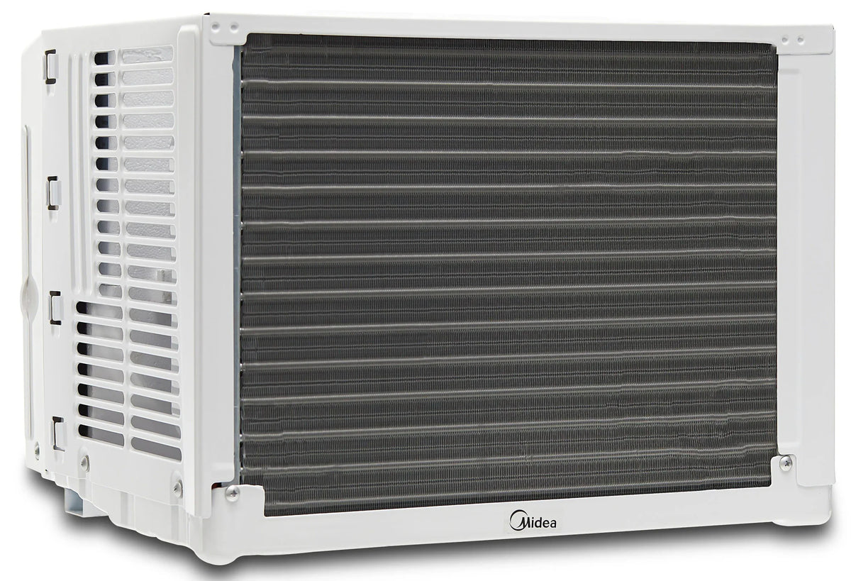 White window air conditioner unit, back view with cooling fins