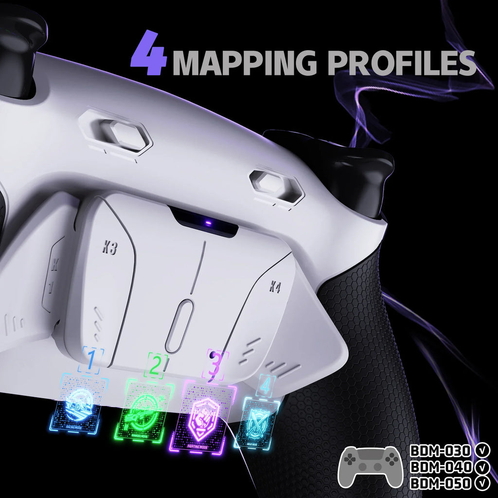 Back view of a gaming controller showing four programmable back button profiles with glowing icons.