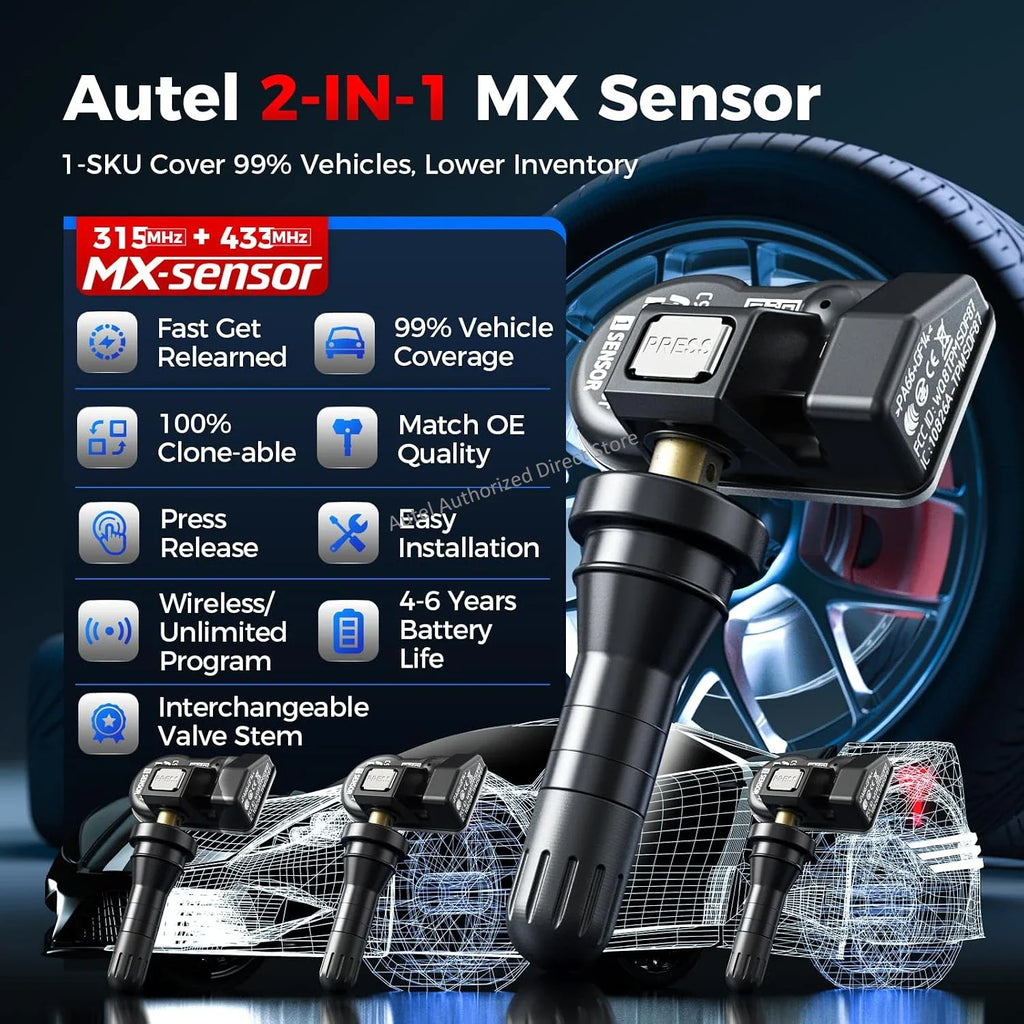 Black tire pressure monitoring sensor with feature callouts and technical specifications
