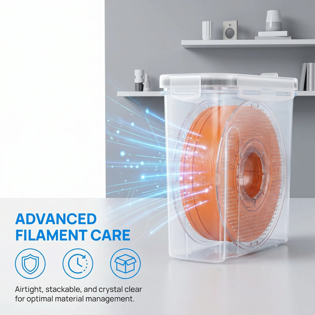 Clear plastic container for 3D printer filament spool with advanced moisture protection