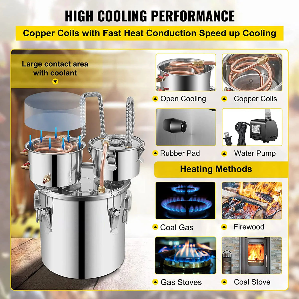 Alcohol distiller cooling system features and heating methods