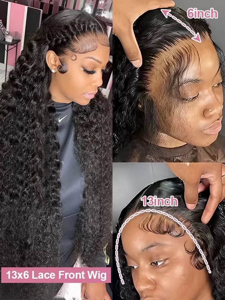 Deep wave black curly human hair wig with lace front detail