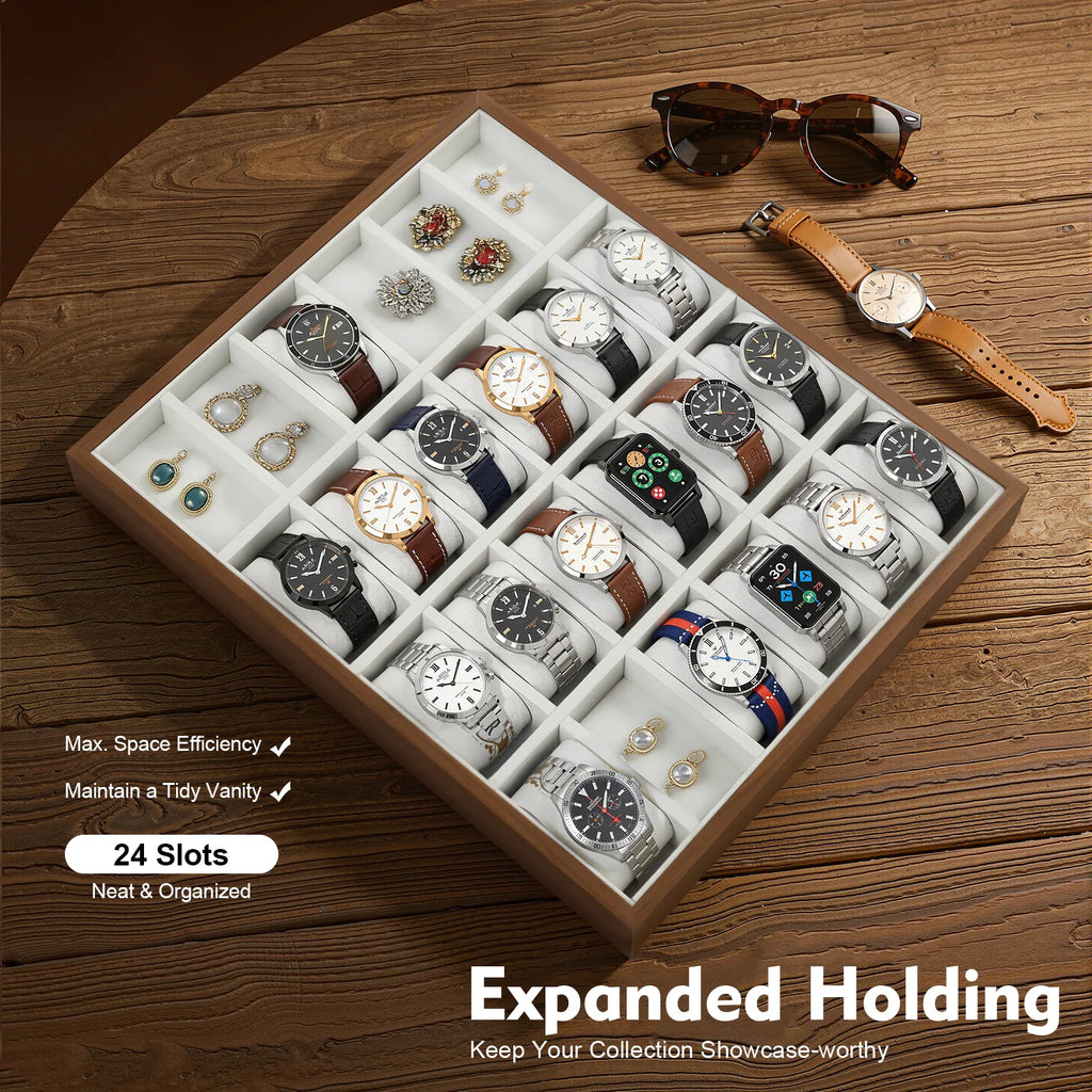 24-slot watch storage organizer tray filled with various watches and earrings
