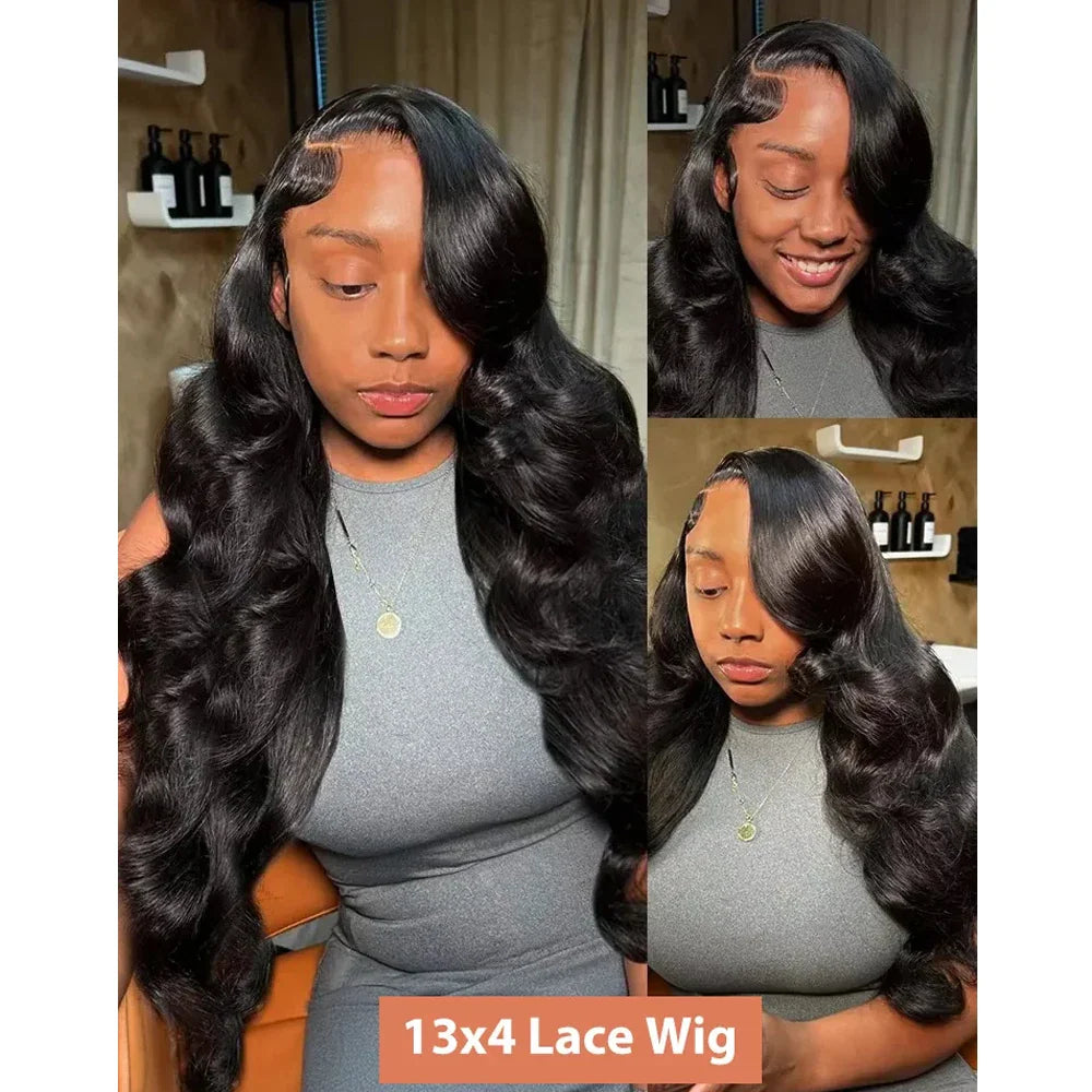 A collage of a woman wearing a long black wavy 13x4 lace front wig.