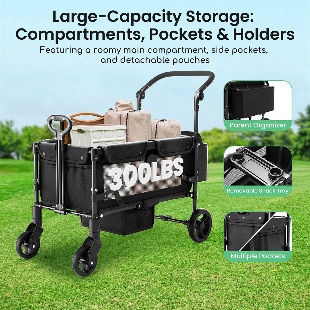 Black stroller wagon with canopy, storage compartments, and snack tray