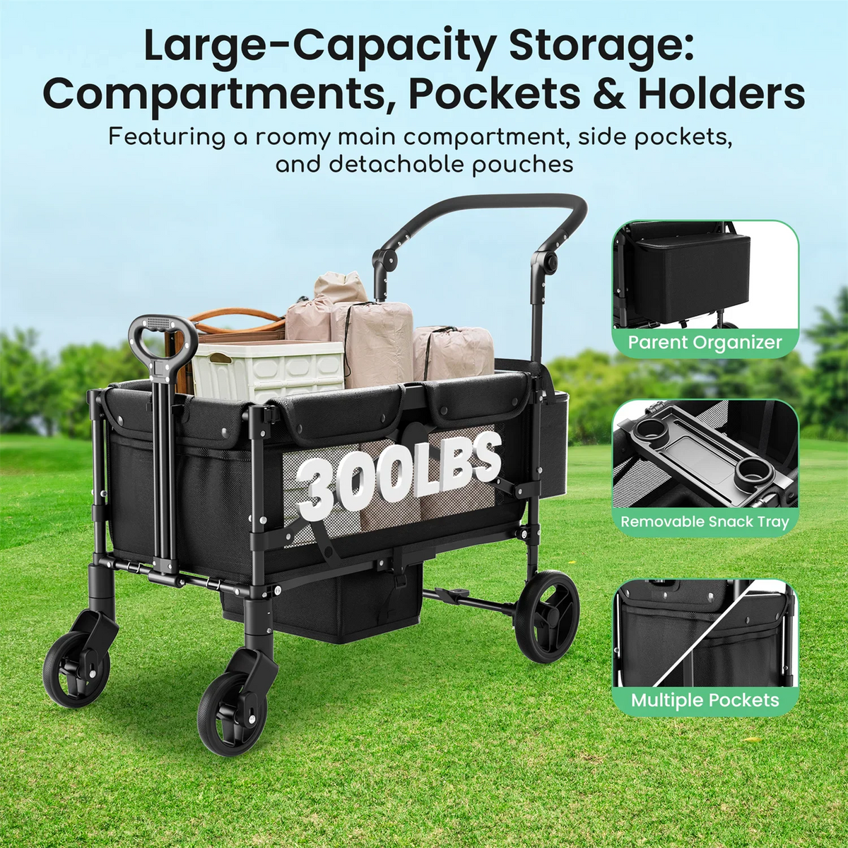 Black stroller wagon with canopy, storage compartments, and snack tray