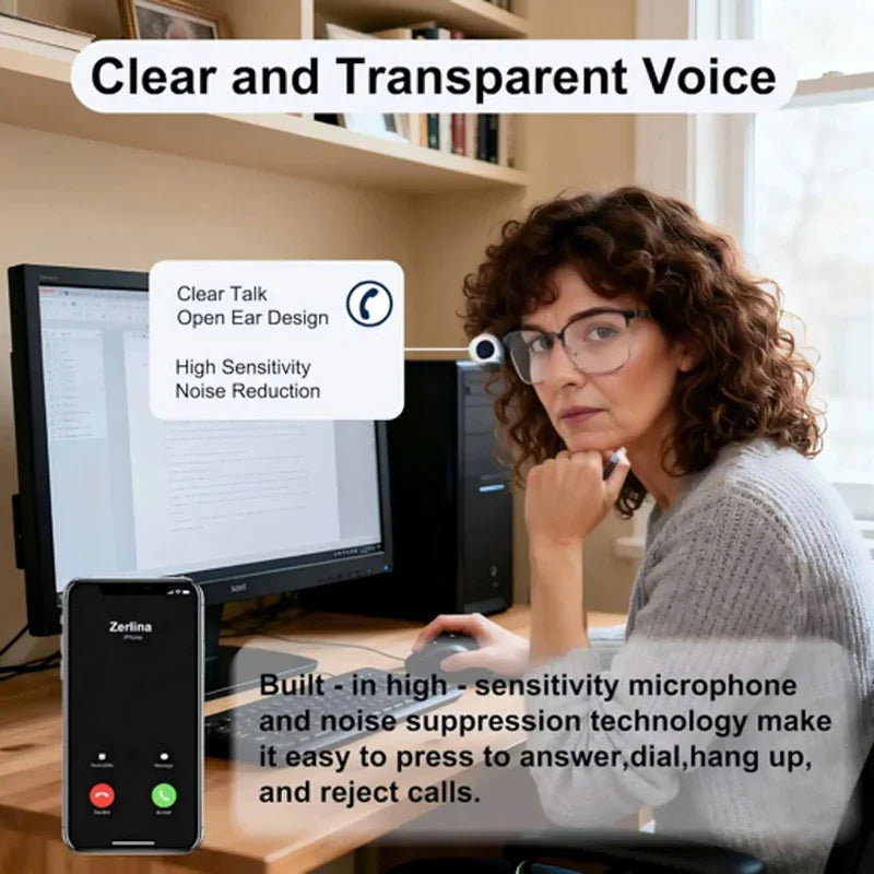 Woman using smart reading glasses with open ear design for clear voice calls