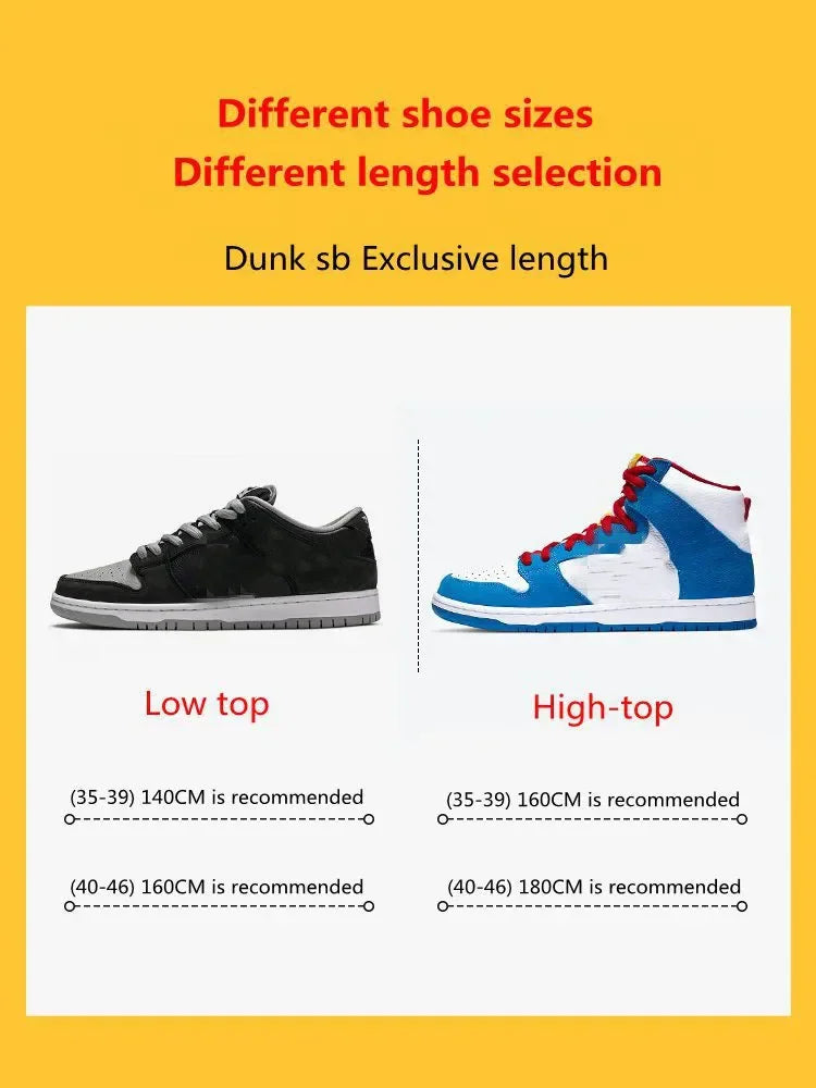 A size guide chart for sneaker shoelaces comparing low-top and high-top shoe length requirements.