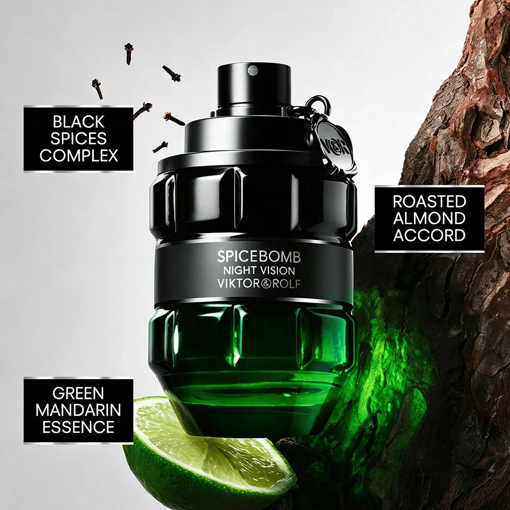 A green grenade-shaped bottle of cologne for men with fragrance notes displayed.