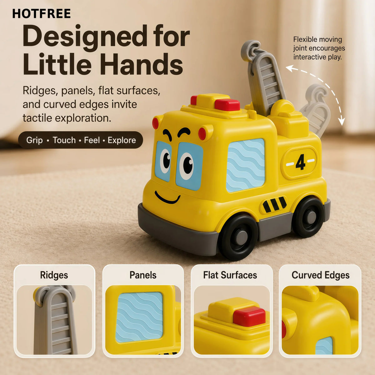 Yellow tow truck toy showing tactile features like ridges and panels for sensory development